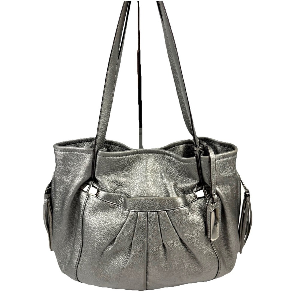B Makowsky Hobo Handbag‎ Metallic Silver Leather Tasseled Boho Chic Everyday Bag